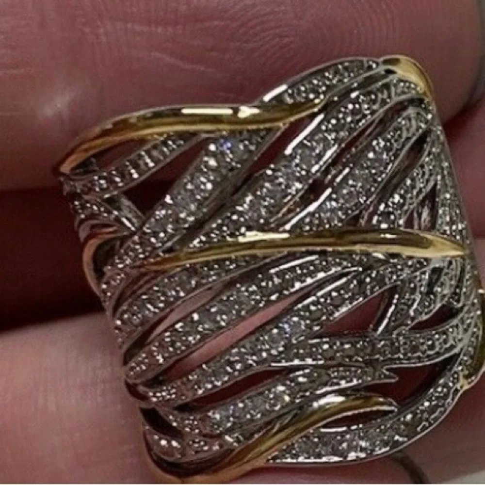 Two Tone gold silver Round Diamond Layer Very Wide Band Ring 925 stamped